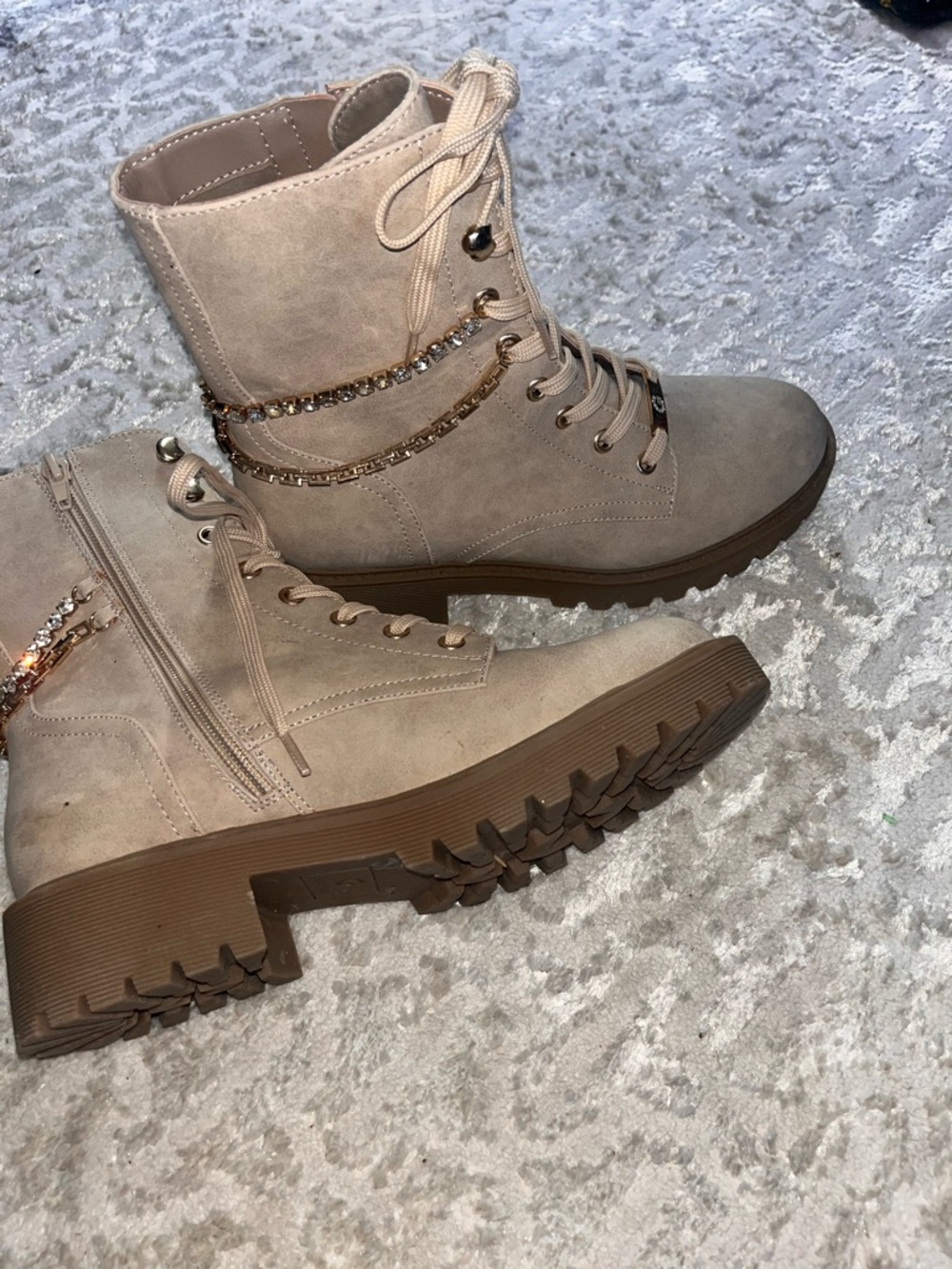 C Taupe Lace-Up Combat Boots with Chain & Rhinestone Accent